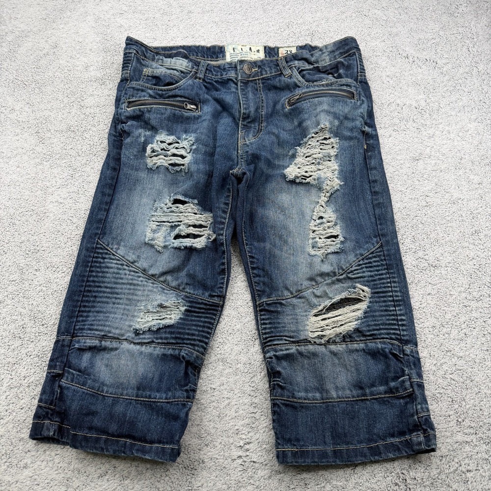 L.A.B. Jean Shorts Mens 38 Blue Ribbed Moto Distressed Grunge Bermuda Jorts Y2K